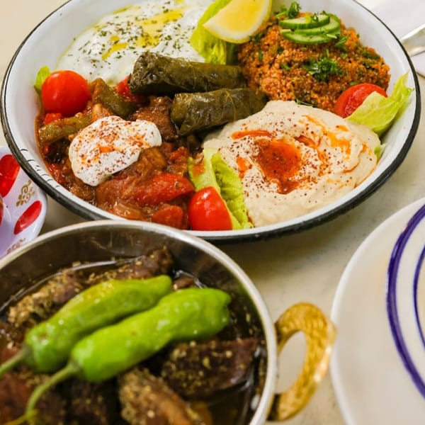 A white bowl filled with Turkish dishes: dolmas, hummus, bulgur salad, and a stew, with a side of green peppers.