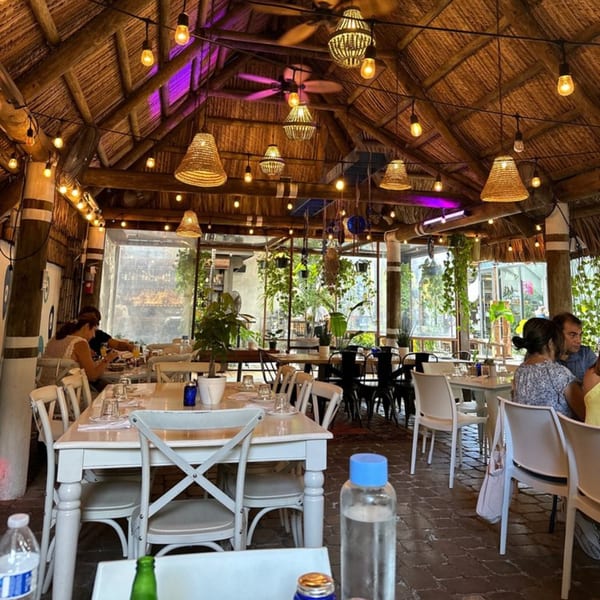 El Turco Turkish Food restaurant interior with thatched roof, string lights, and diners at white tables.