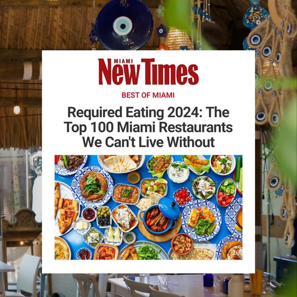 Miami New Times article about the top 100 Miami restaurants, featuring a spread of Turkish dishes.