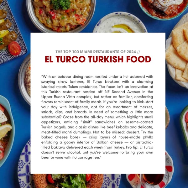 A vibrant blue background showcases various Turkish dishes, including stuffed grape leaves, dips, and flatbread, surrounding text about El Turco Turkish Food.